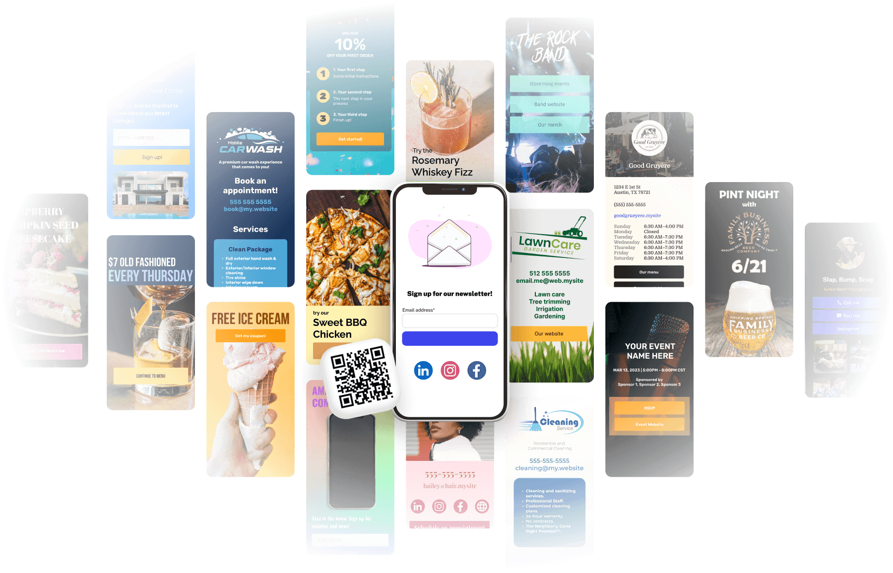 A phone with a Qbit landing page in front of a collection of Qbit landing page templates.