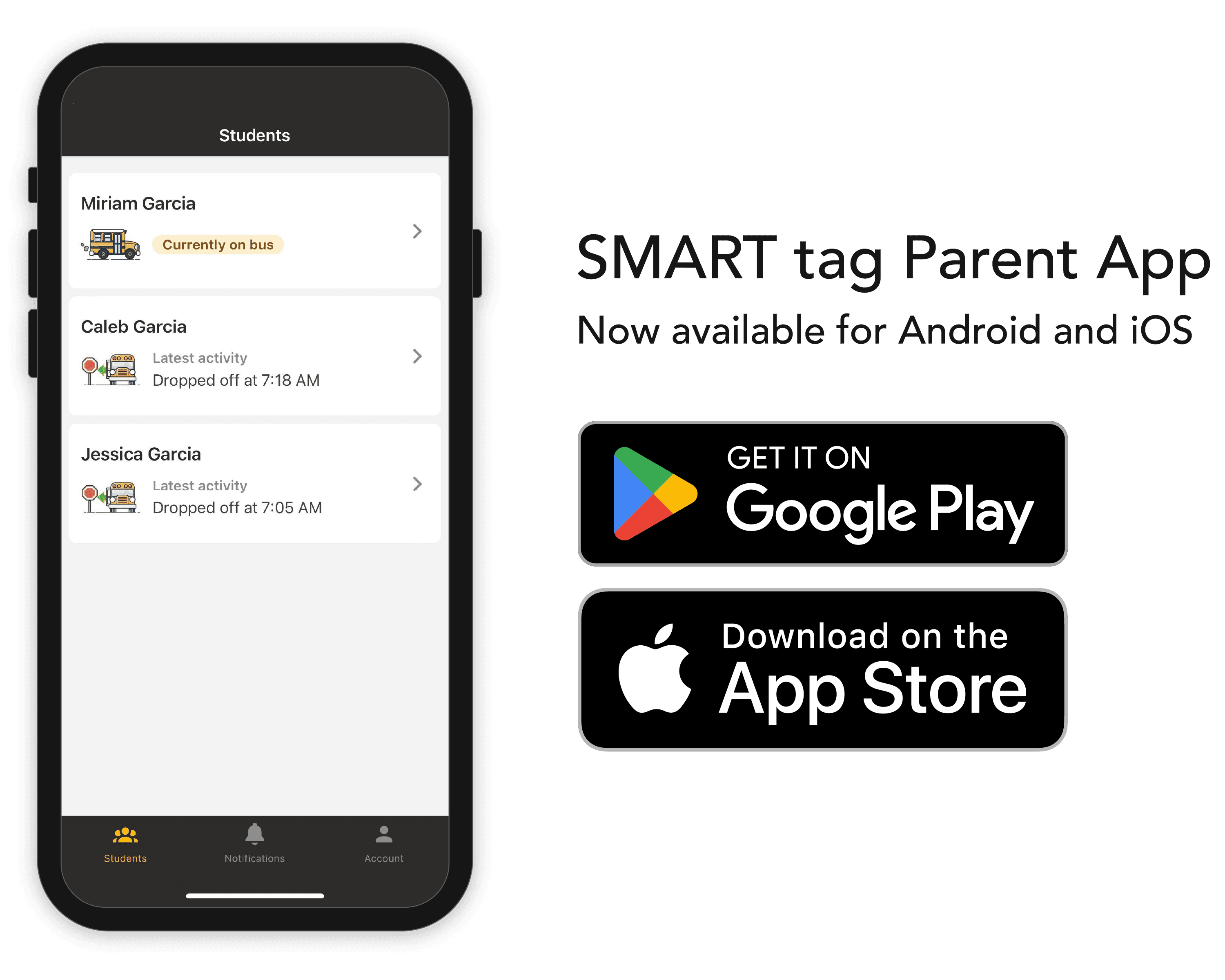 Screenshot of the SMART tag Parent App with Apple and Google download badges.