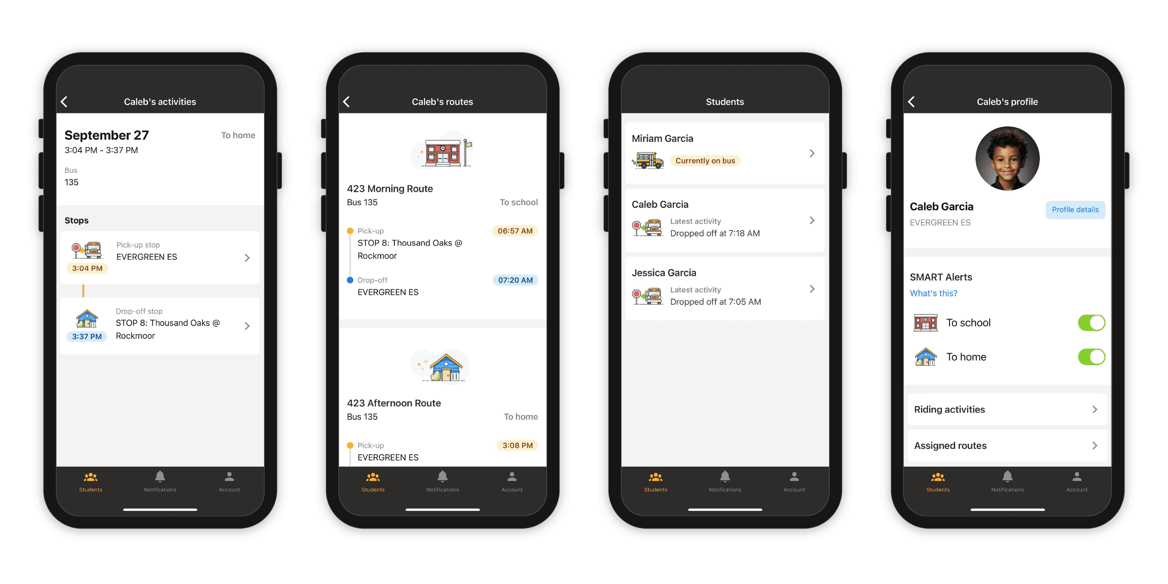 Screenshots of the SMART tag Parent App